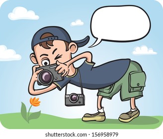 Vector illustration of Funny Photographer Making Macro Photography. Easy-edit layered vector EPS10 file scalable to any size without quality loss. High resolution raster JPG file is included.