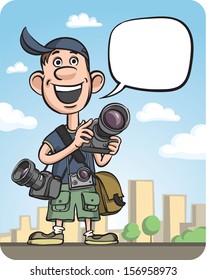 Vector illustration of Funny Photographer Speaking. Easy-edit layered vector EPS10 file scalable to any size without quality loss. High resolution raster JPG file is included.