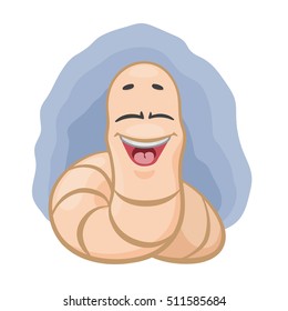 Vector illustration. Funny picture of a cartoon smiling earthworm. Cute character of laughing earthworm