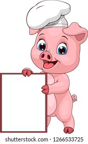 Vector illustration, funny pig chef, holding an advertisement, on white background.