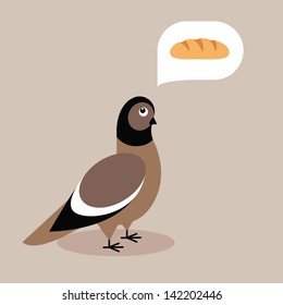 Vector illustration of funny pigeon dreaming about long loaf