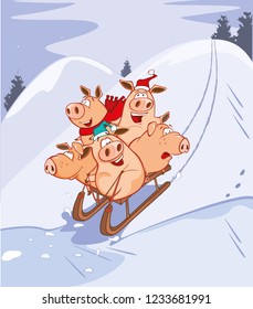 Vector Illustration of a  Funny Piglets on a Sled. 