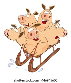 Vector Illustration of a Funny piglets on a sled. 