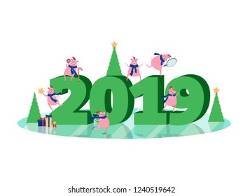 Vector illustration with funny pigs preparing for the holiday and winter activities. Symbol of 2019. New year illustration, cartoon style, humor