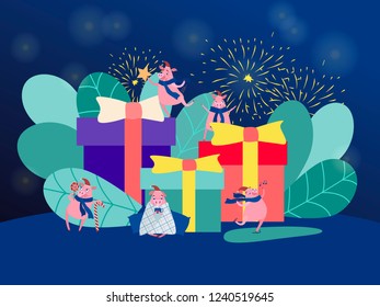 Vector illustration with funny pigs preparing for the holiday and winter activities. Symbol of 2019. New year illustration, cartoon style, humor