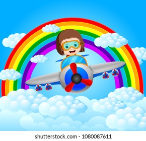 vector illustration of funny pilot riding plane with rainbow scenery