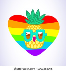 Vector illustration, funny pineapple character with glasses. LGBT flag heart. Line cartoon style. Applicable for t-shirts prints, greeting cards, Saint Valentine's day posters, flyers etc.