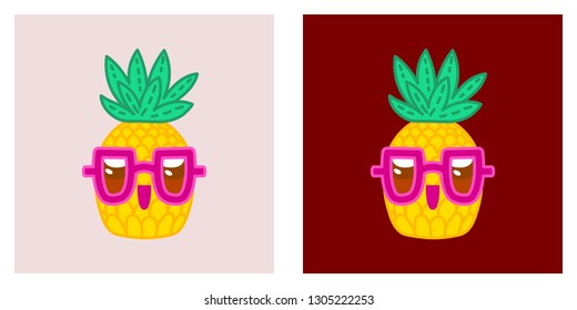 Vector illustration, funny pineapple character with glasses. Line cartoon style.