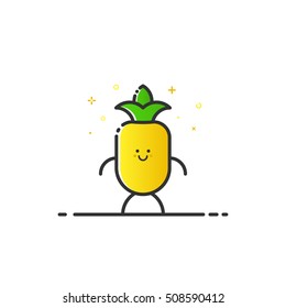 Vector illustration of funny pineapple character cartoon isolated in line style. Linear yellow cute fruit icon with face smile. Flat design for banner, web and mobile app. Outline vegan expression.