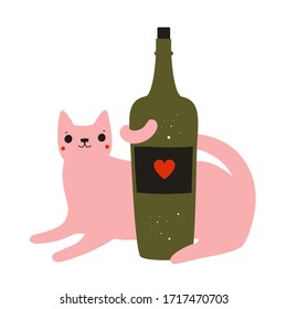 Vector illustration with funny pink cat, glass wine bottle, rough dots and little red heart. Cute print design with domestic animal and alcohol
