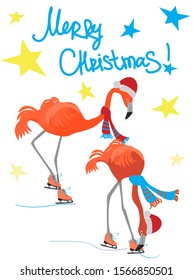 Vector illustration of funny pink flamingo in hat and scarf and skates. Cute friends on the ice rink. Winter christmas greeting card. Flat graphic