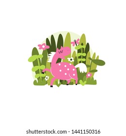 Vector illustration of funny pink horse with herbs and flowers. Isolated on white