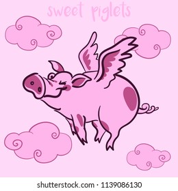 vector illustration of funny pink piglets. dreamer