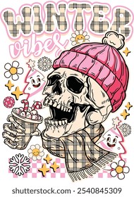 Vector illustration of funny pink retro skeleton with text Winter atmosphere, Christmas, Celebration, Winter wonderland holiday atmosphere, Festival art, Design, Cozy atmosphere.