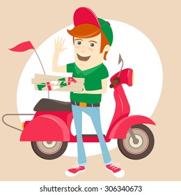 Vector illustration Funny pizza delivery boy in front of red scooter wearing uniform and waving