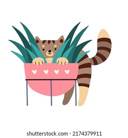 Vector illustration of funny playful cat hiding in a flower pot. Cute animal for stickers, web, cards, ads, social media. Expressive pet character. Cat day. Flat hand drawn cartoon vector illustration