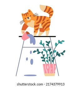 Imagen vectorial del divertido gato lúdico arrojando un vaso de agua. Un animal lindo para pegatinas, web, tarjetas, anuncios, medios sociales. Día del gato. Ilustración vectorial de dibujos a mano plana