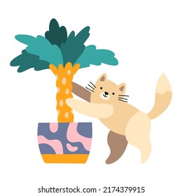 Ilustración vectorial de gatos divertidos y juguetones arañando una planta. Un animal lindo para pegatinas, web, tarjetas, anuncios, medios sociales. Caracteres de mascota expresivos. Día del gato. Ilustración vectorial de dibujos a mano plana