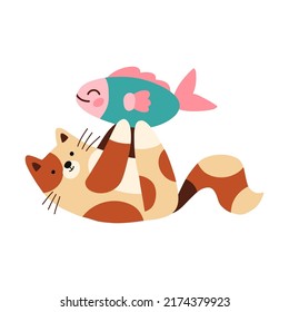 Vector illustration of funny playful cat holding a toy fish. Cute animal for stickers, web, cards, ads, social media. Expressive pet characters. Cat day. Flat hand drawn cartoon vector illustration