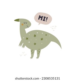 Vector illustration of funny, playful dinosaurs and short phrase in a simple flat style. Cute design for kids prints, frame arts, decorations.