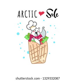 Vector illustration, funny polar bear wearing white chef hat in the spring roll with tomato and green salad. Line cartoon style, with "Arctic sale" text. Applicable for arctic food concepts.