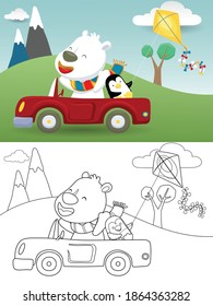 Vector illustration of funny polar bear on car with little penguin while playing kite on scene background. Coloring book or page