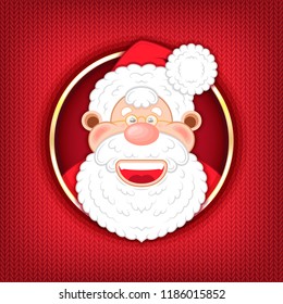 Vector illustration. Funny and pretty cartoon laughing face of Santa Claus peeps out of the hole. Creative and modern character for advertising, poster and flyer. Merry Christmas and Happy New Year!