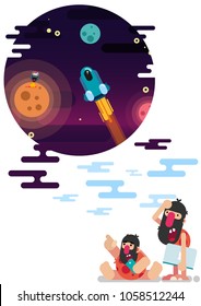 Vector Illustration. Funny primitive people with modern technology in their hands are watching the flight of the space shuttle.