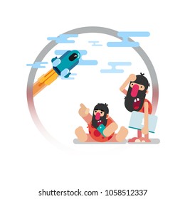 Vector illustration. Funny primitive people with modern technology in their hands are watching the flight of the space shuttle.