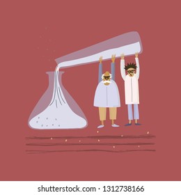 Vector illustration. Funny professors pours liquids. Stylized people.