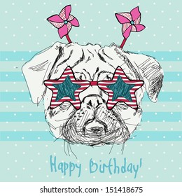 Vector illustration of funny pug dog in star pink glasses on blue background, Happy Birthday card