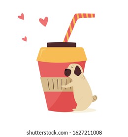 Vector illustration of a funny pug dog hugging a cup coffee. Flat cartoon animal character