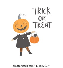 Vector illustration with funny pumkin and phrase Trick or Treat. Illustration for Halloween.