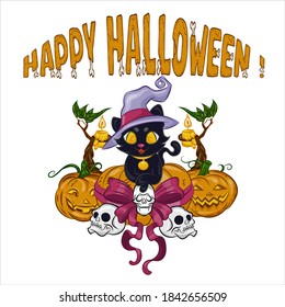 Vector illustration. Funny pumpkins, little black kitten, candles, skulls for your Halloween design.