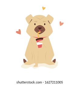 Vector illustration of a funny puppy  having a cup coffee. Flat cartoon animal character