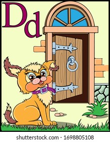 
Vector illustration of a funny puppy sitting near the door. Coloring book for children.Letter D of the English alphabet.