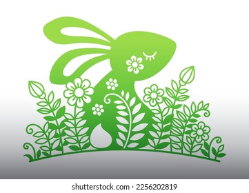 Ilustración vectorial de un conejo divertido entre flores. Silhouette de lindo conejito para el diseño de Pascua, decoración de Pascua, corte láser, tarjeta