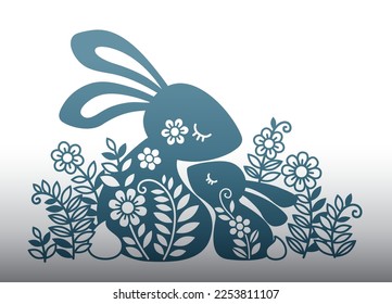 Vector illustration of a funny rabbit family among flowers.. Silhouette of a Mom and baby rabbit for Easter Family look t-shirt design, Easter decoration, laser cut, card