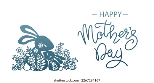 Vector illustration of a funny rabbit family among flowers and Happy Mothers day lettering