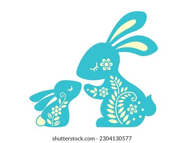 Vector illustration of a funny rabbit family among flowers. Silhouette of a Mom and baby rabbit for Easter Family look t-shirt design, Easter decoration, laser cut, card