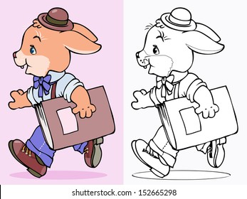 Vector illustration, funny rabbit going to school, cartoon concept.