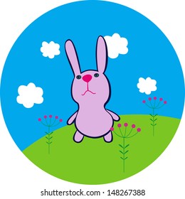 The vector illustration with funny rabbit on the field