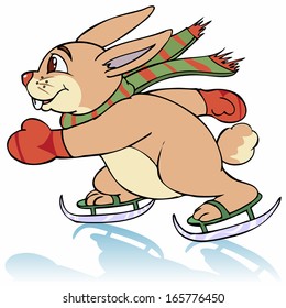 Vector illustration, funny rabbit on ice skates, cartoon concept, white background.