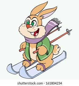 Vector illustration, funny rabbit skiing, cartoon concept.