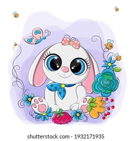 Vector illustration of a funny rabbit who sits in a circle of flowers. The images are made in a cartoon style using bright colors.