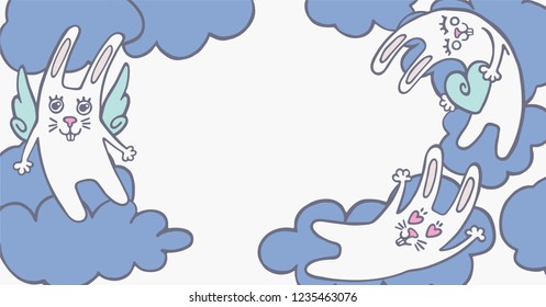 Vector illustration with funny rabbits in doodle style. Сolorful banner with cute bunnies in the clouds.