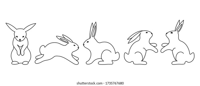 Vector illustration of funny rabbits drawn by a black line.