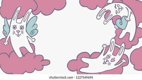 Vector illustration with funny rabbits in the shape of a heart. Сolorful banner with cute bunnies in the clouds.