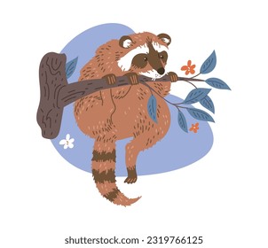 Vector illustration of funny raccoon climbs tree against the background of stylized floral pattern. Dexterous front paws and ringed Tail. Hand drawn cartoon wildlife animal on white background.