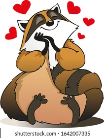 Vector illustration of a funny raccoon in love. Hearts around. Cute fluffy animal.